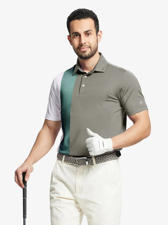 Half-body front view of model holding golf club wearing DARK KHAKI Moisture Wicking Color Block Polo Shirt.