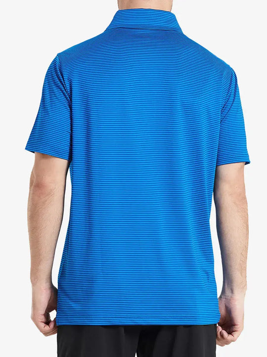 Upper back view: COBALT STRIPE shirt styled for modern golfers, clean finish with stripe focus