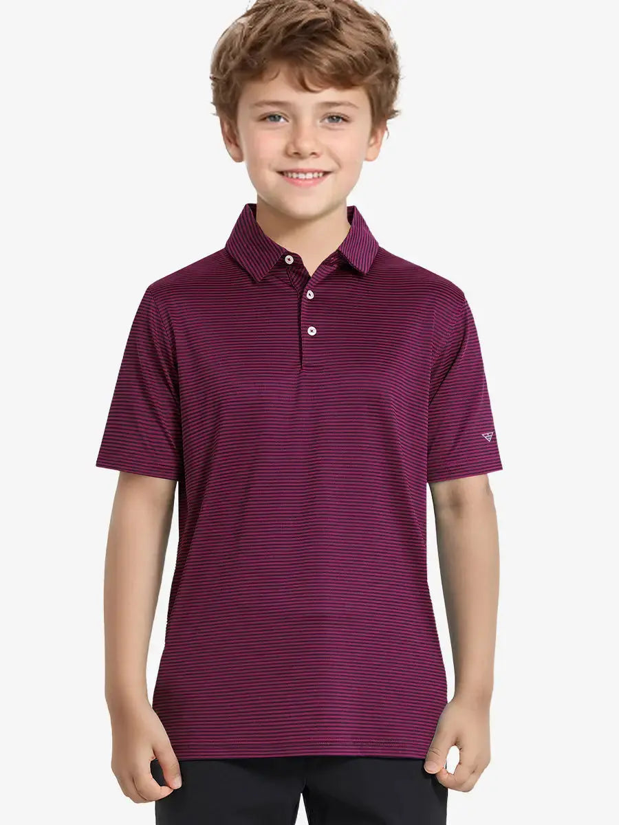 MAELREG Youth Polo – half-body front view, neutral pose in Maroon Stripe