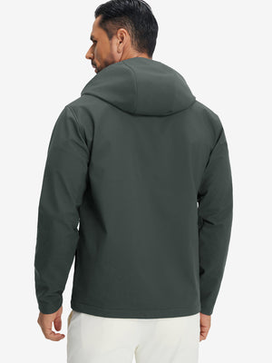 Back upper-body view of reflective hooded softshell jacket on model, shown in grey.