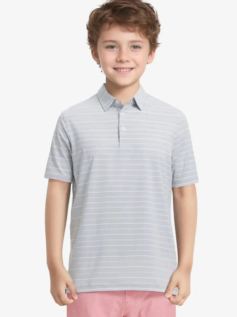 Half-body front view of child in LIGHT GREY STRIPE Kids Stylish Stripe Polo Shirt.