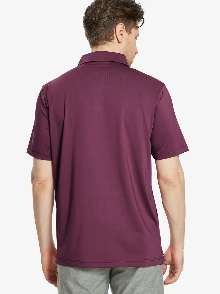Back half-body view of male model wearing the Bordeaux Red Everyday Classic Solid Polo