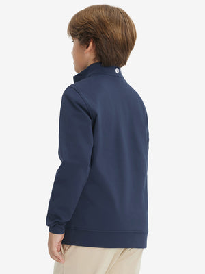 Back upper body of model wearing youth winter micro-fleece quarter zip pullover in navy