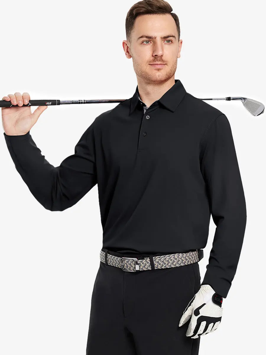 Model showcasing the black long sleeve pique polo, holding a golf club, emphasizing its modern design