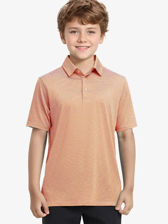 MAELREG Youth Polo – half-body front view, neutral pose in Orange Stripe