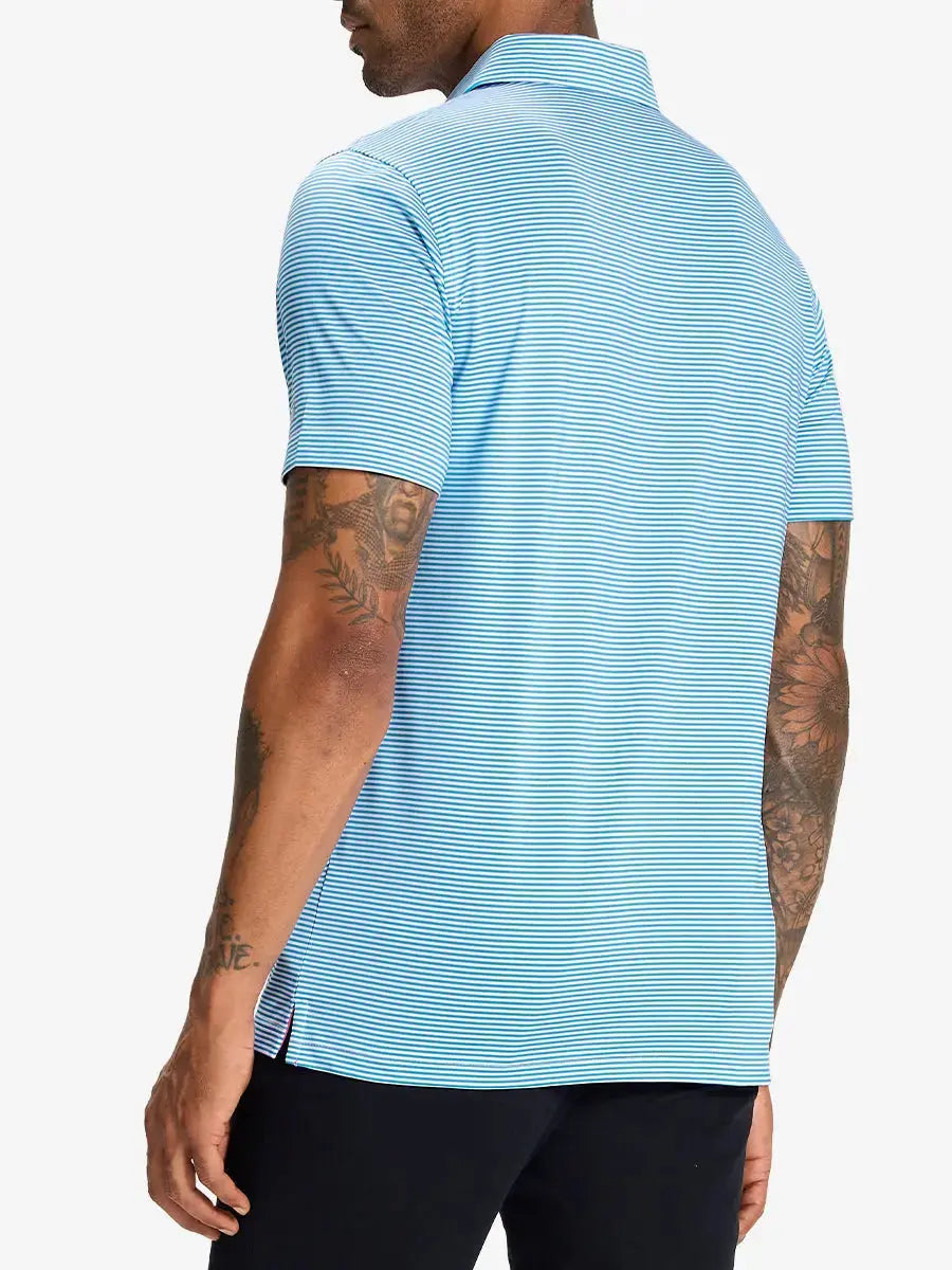 Rear half-body shot of Cooling Stripe Golf Shirt in SKY BLUE STRIPE, showcasing stripe alignment and fit