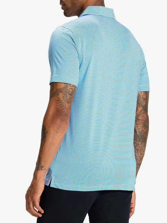 Rear half-body shot of Cooling Stripe Golf Shirt in SKY BLUE STRIPE, showcasing stripe alignment and fit