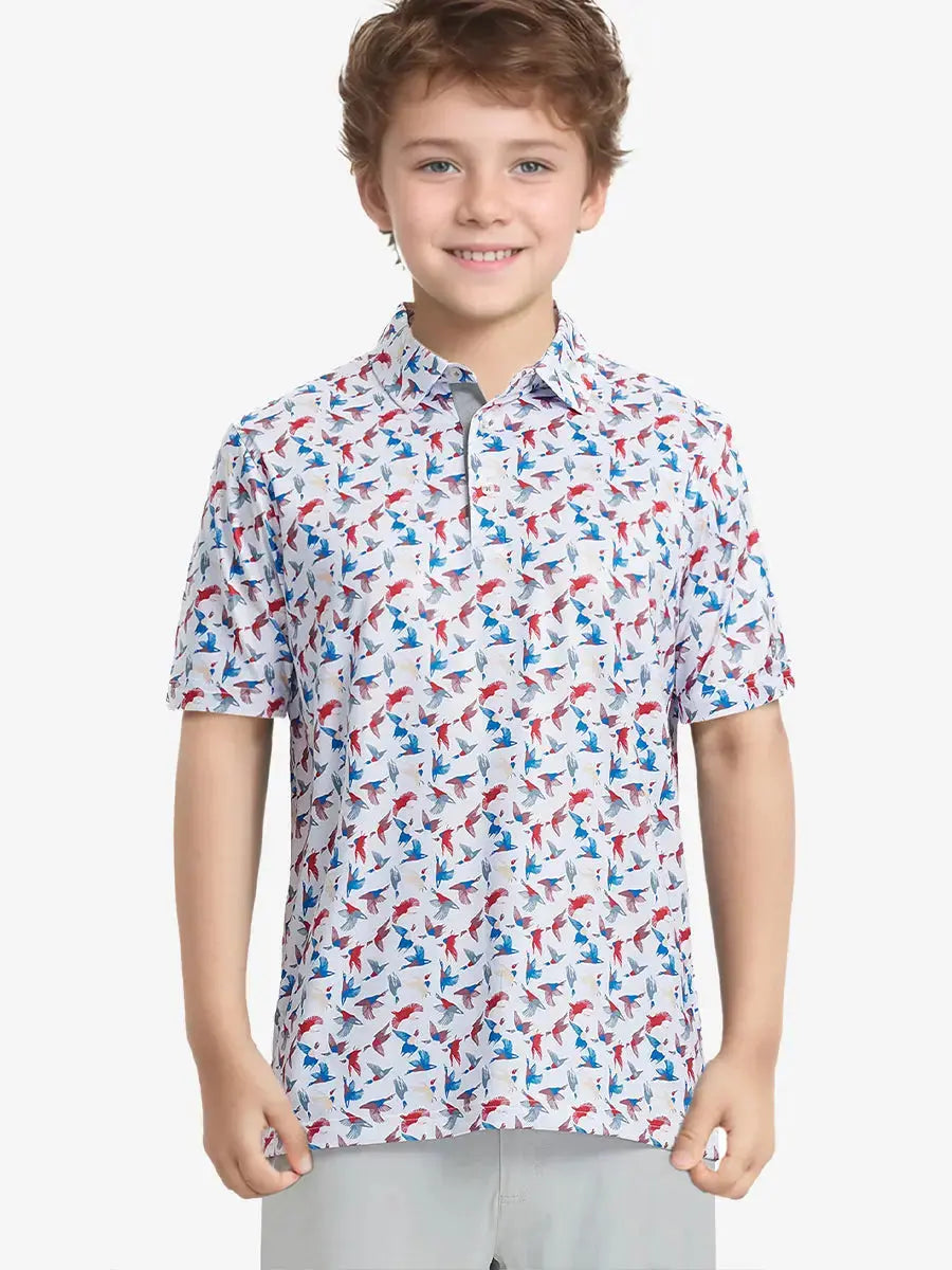 Front half-body shot of boy model in COLORFUL WILD GOOSE Performance Print Boys Golf Polo, ready to play