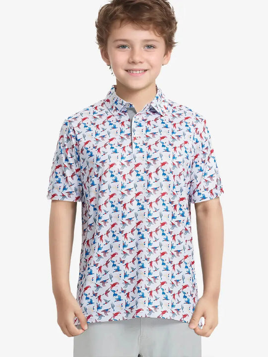 Front half-body shot of boy model in COLORFUL WILD GOOSE Performance Print Boys Golf Polo, ready to play