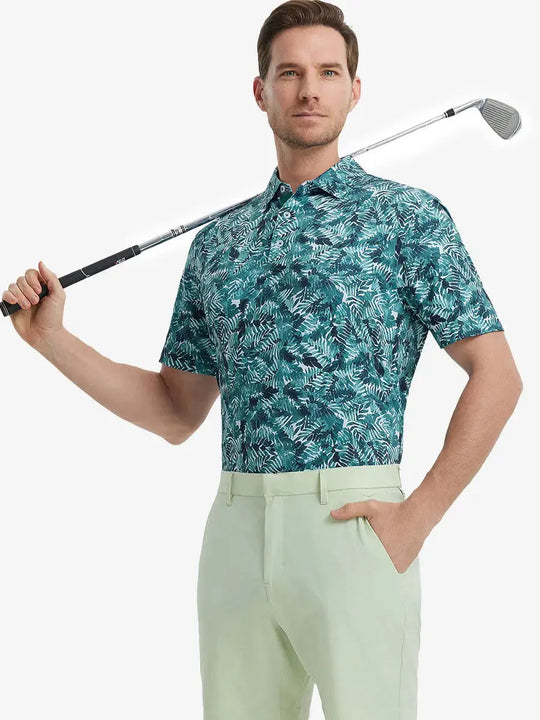 MAELREG Men's Performance Jersey Print Polo in Dark Green Leaf – front half-body with golf pose