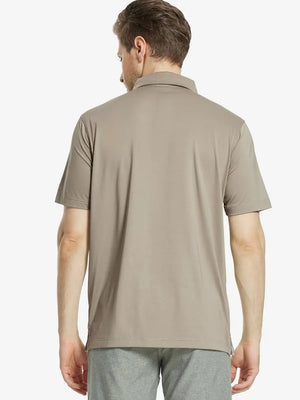 Back half-body view of male model wearing the Dark Khaki Everyday Classic Solid Polo