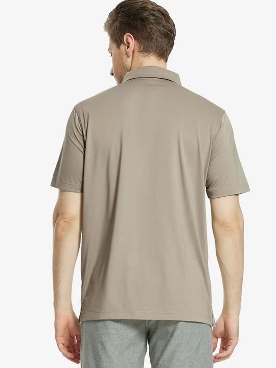 Back half-body view of male model wearing the Dark Khaki Everyday Classic Solid Polo
