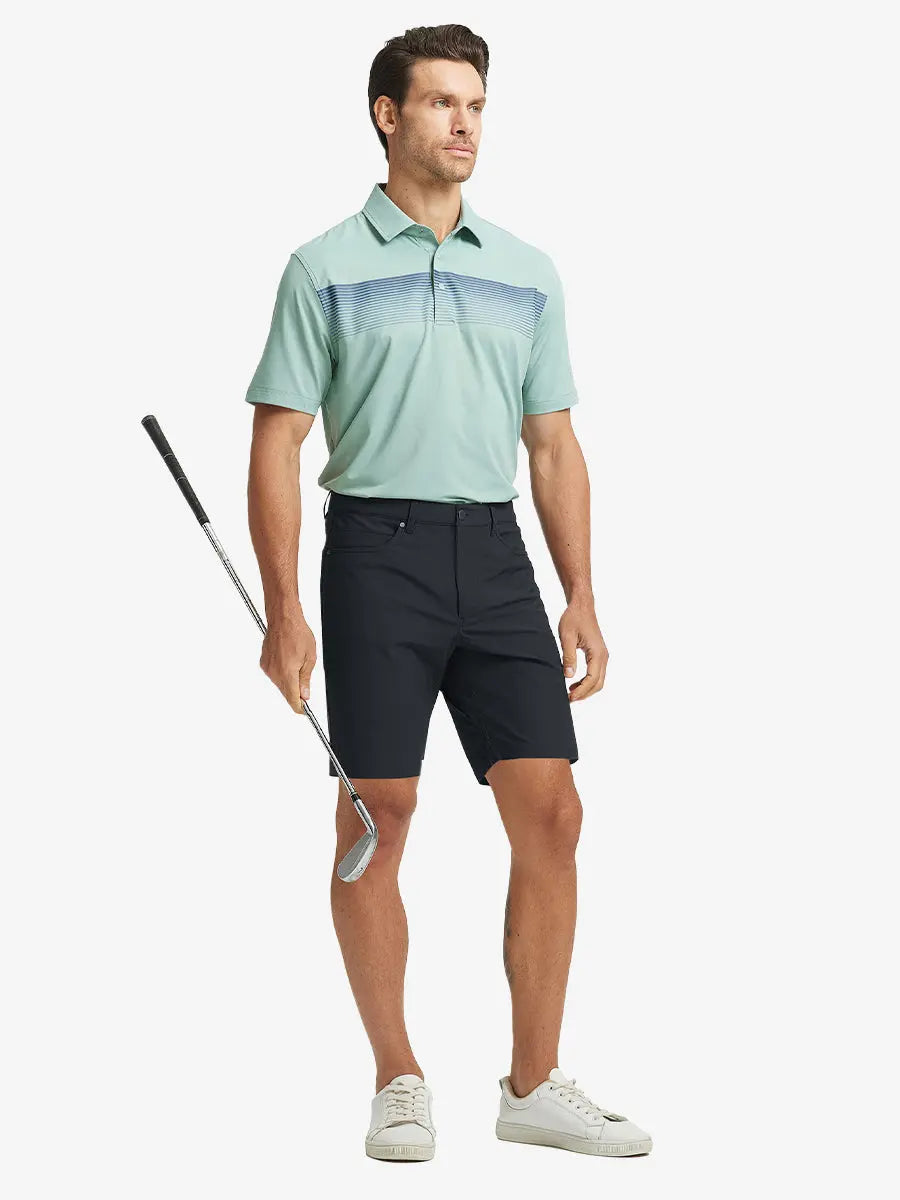 BLACK 4-way Stretch Performance Solid Shorts, golfer full-body front with club, 9 Inch length