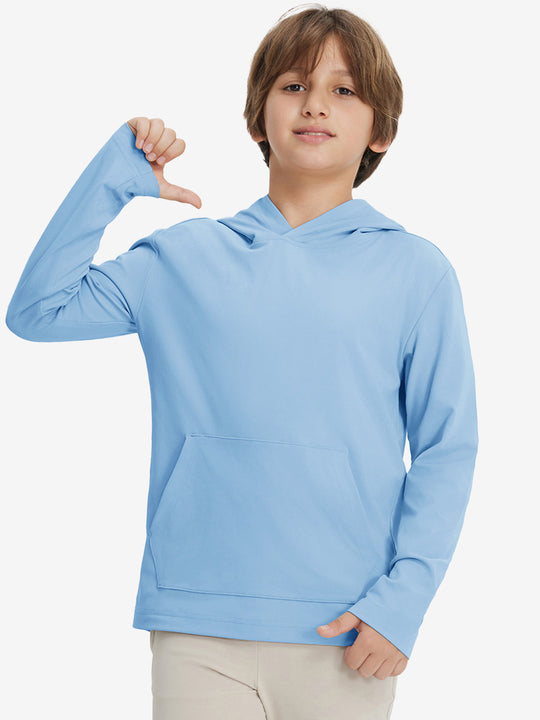 Front upper body view of youth long sleeve hoodied with kangaroo pocket in light blue, casual fit.