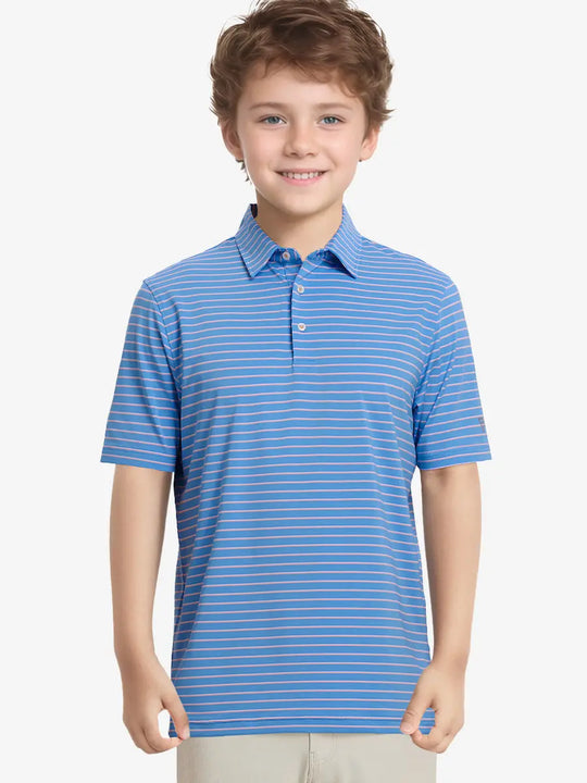 Half-body front view of model in SKY BLUE/PINK STRIPE Youth Performance Golf Polo.