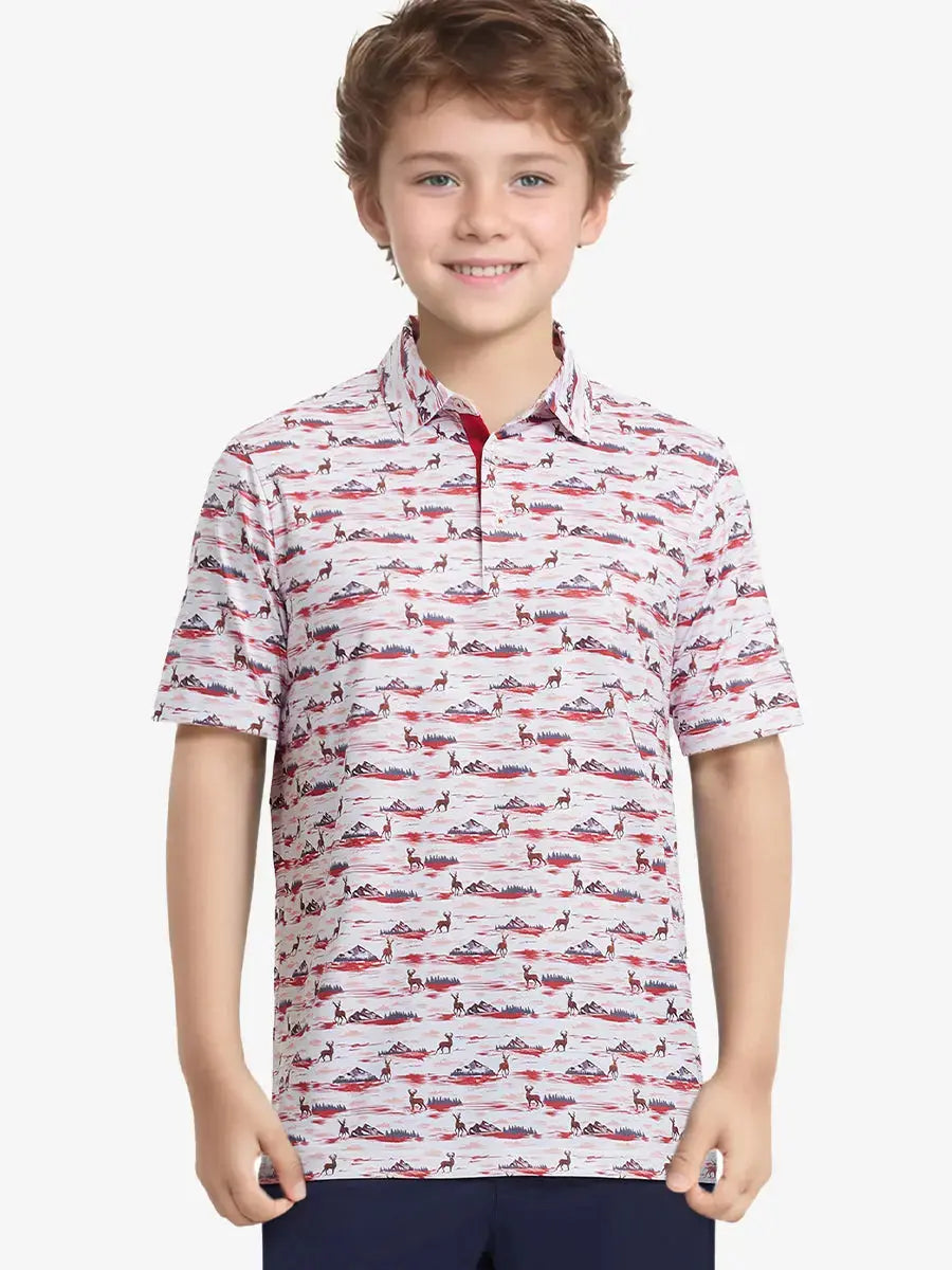 Boy posing mid-swing in SUNSET ELK polo, combining style and active comfort
