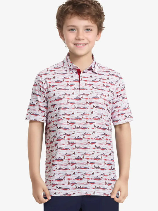 Boy posing mid-swing in SUNSET ELK polo, combining style and active comfort