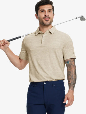 Half-body front view of model holding golf club wearing LIGHT KHAKI HEATHER Premium Stretch Heather Polo.