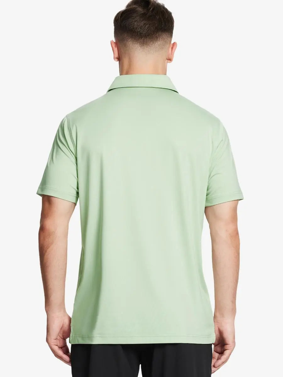 Back half-body view of male model wearing the Canary Green Everyday Classic Solid Polo