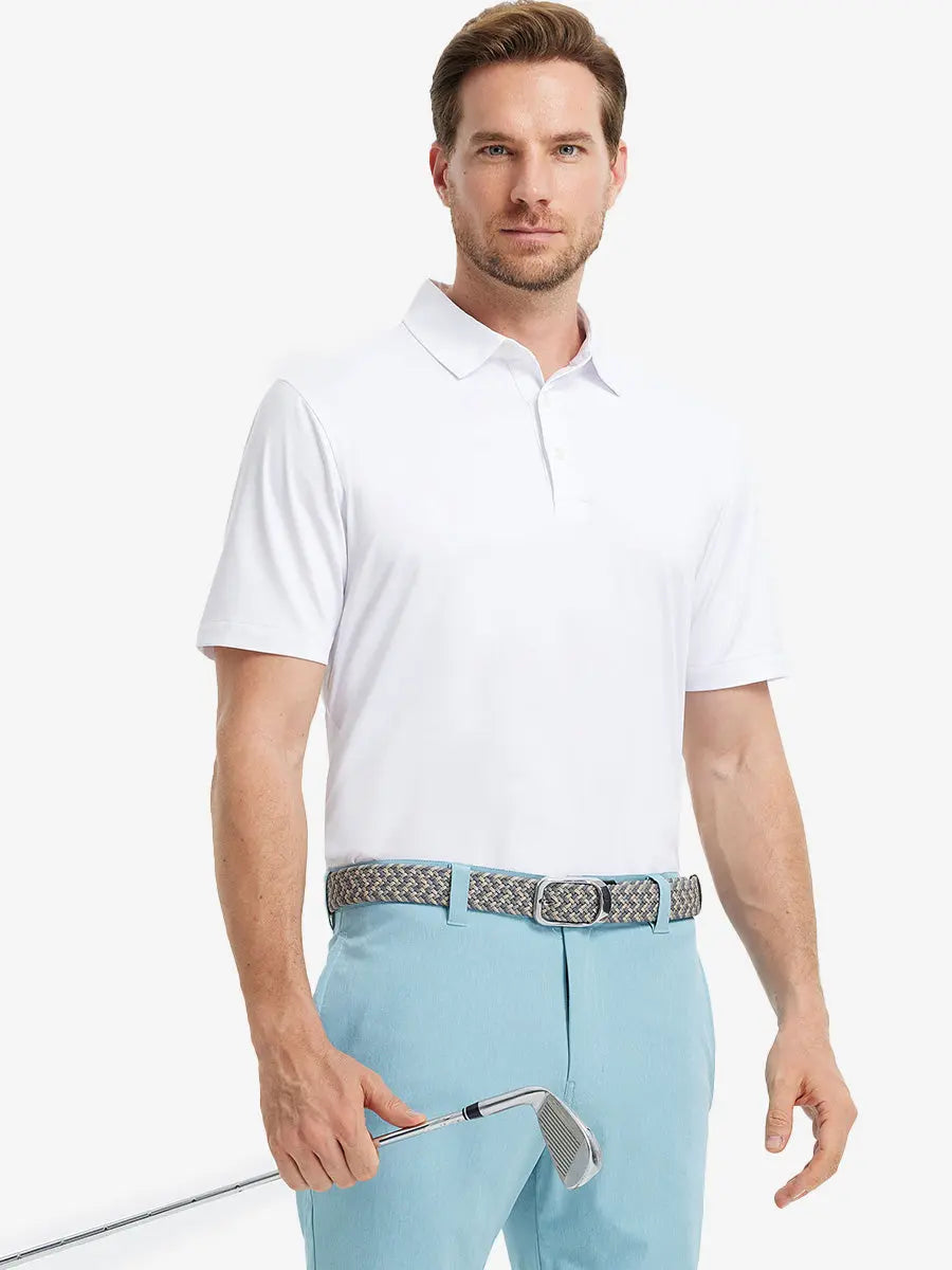 Model wearing Everyday Solid Jersey Polo in WHITE, front half-body holding golf club confidently.