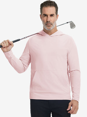 Model holding golf club, wearing dry fit stretchy sweatshirts hoodie in light pink, sporty and casual.