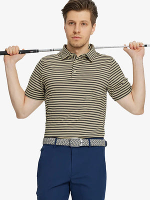 Front half-body shot holding golf club in Black Khaki Yarn Dyed Stripe Polo – balanced and contemporary
