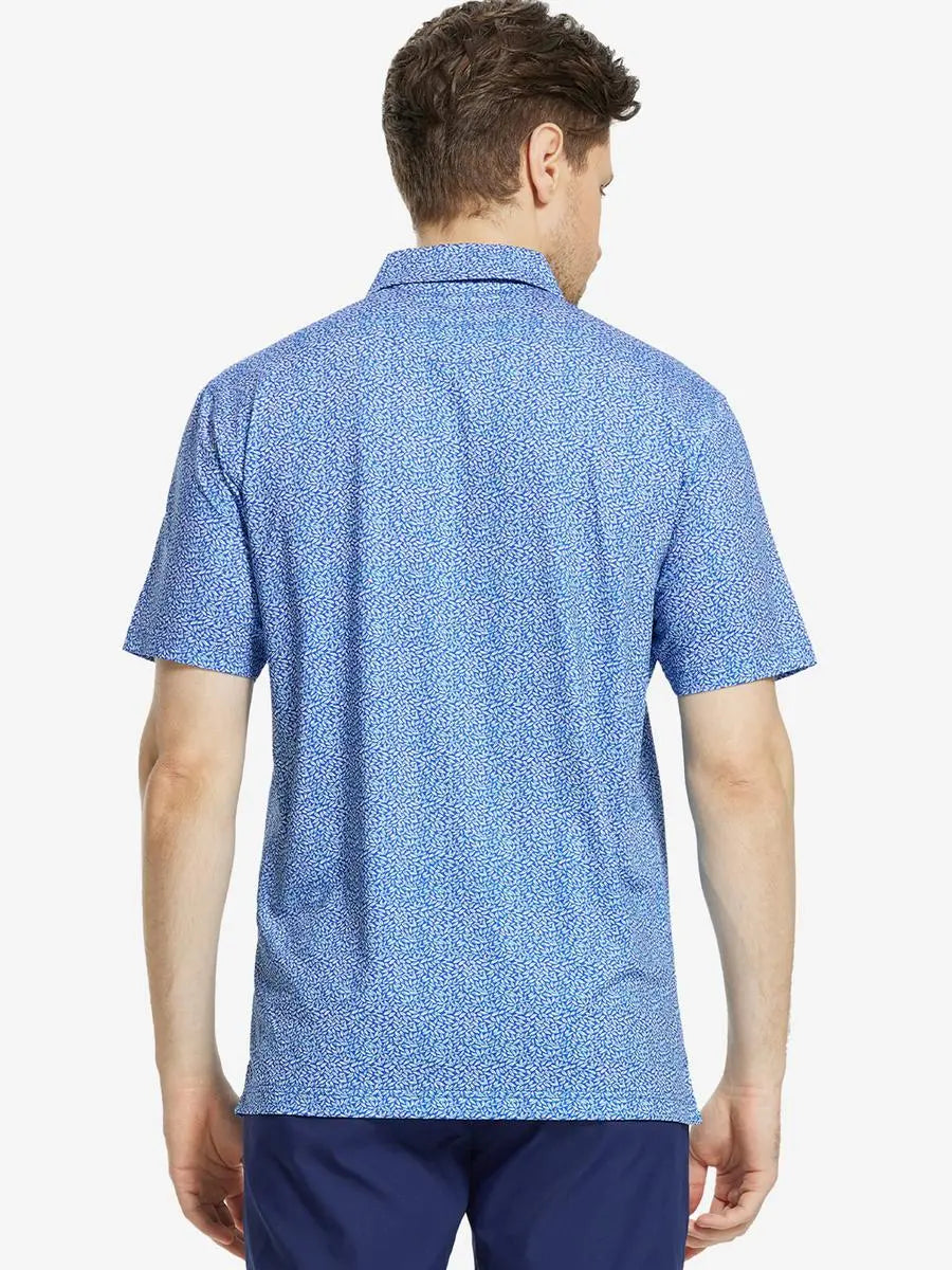 Back view of MAELREG Men's Performance Jersey Print Polo in Blue Small Leaf – athletic fit