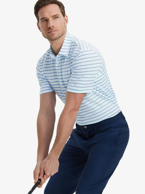 Model wearing Mint Green Cobalt Stripe Performance Stripe Golf Shirt – front half-body pose