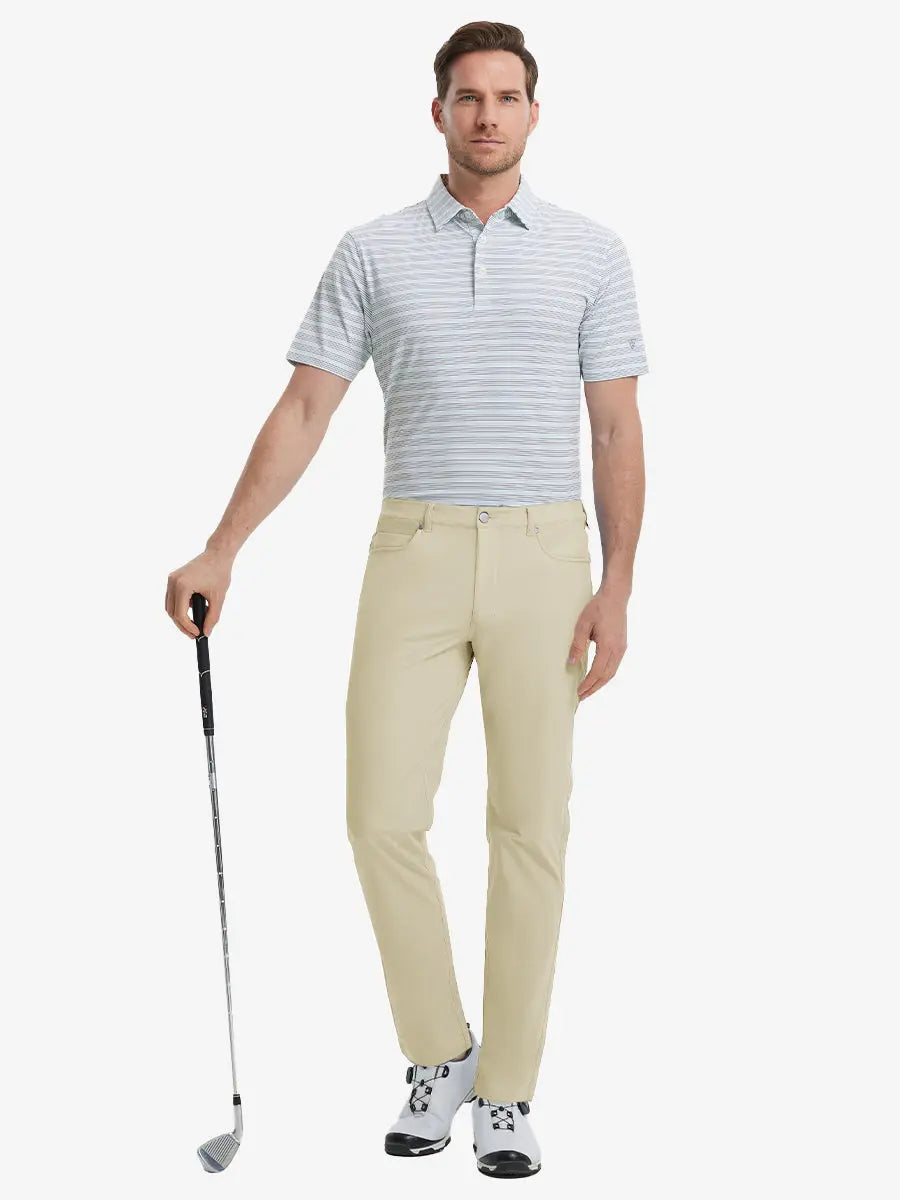 Full-body front shot with golf club, styled in Stretch Plain Everyday Pants – LIGHT KHAKI