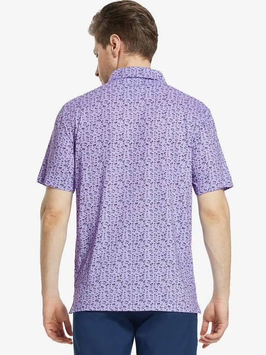 Back view of MAELREG Men's Performance Jersey Print Polo in Lavender Seaside Palm – athletic fit