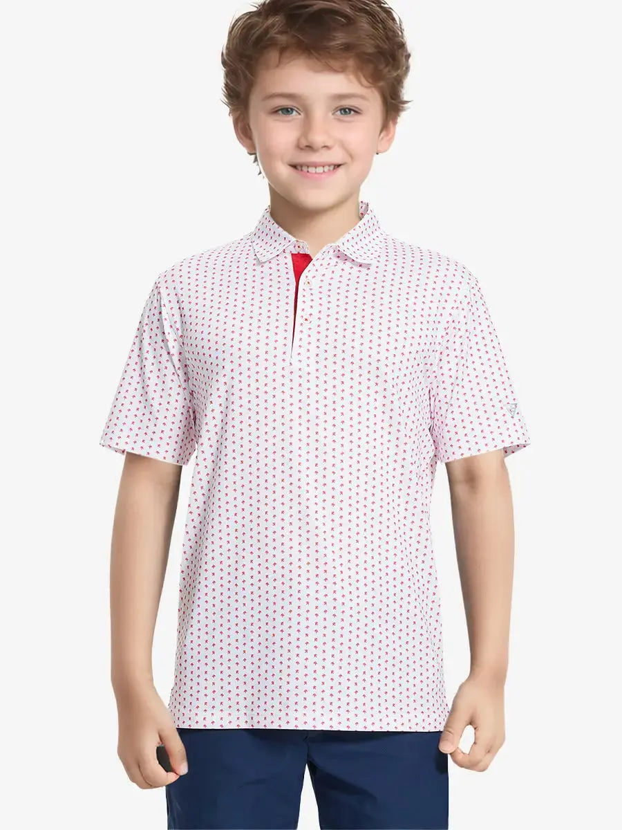 Front half-body shot of boy model in WHITE RED LION Performance Print Boys Golf Polo, ready to play