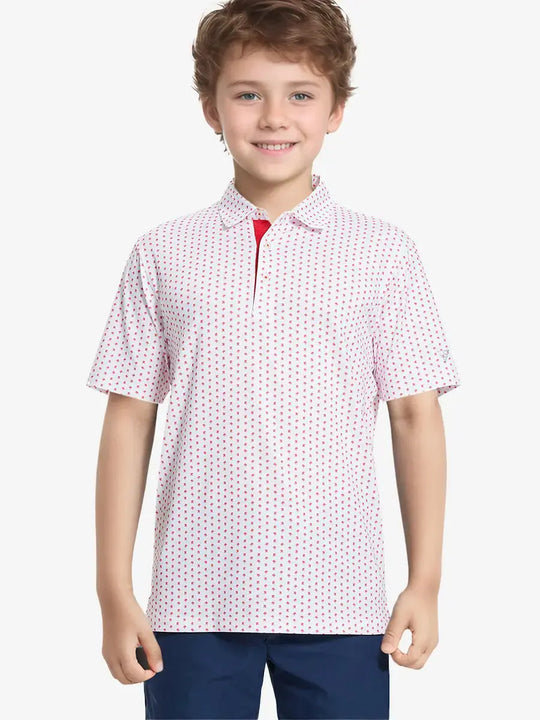 Front half-body shot of boy model in WHITE RED LION Performance Print Boys Golf Polo, ready to play