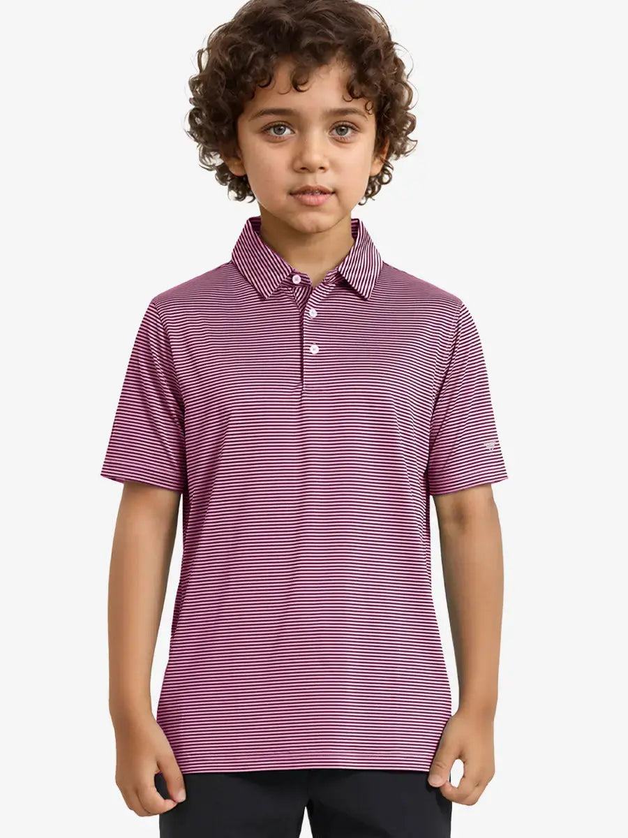 MAELREG Youth Polo – half-body front view, neutral pose in Pink Blue Stripe