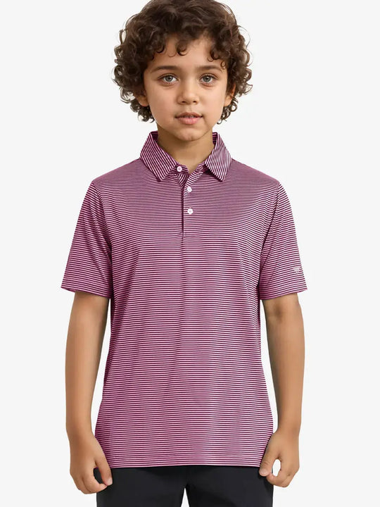 MAELREG Youth Polo – half-body front view, neutral pose in Pink Blue Stripe