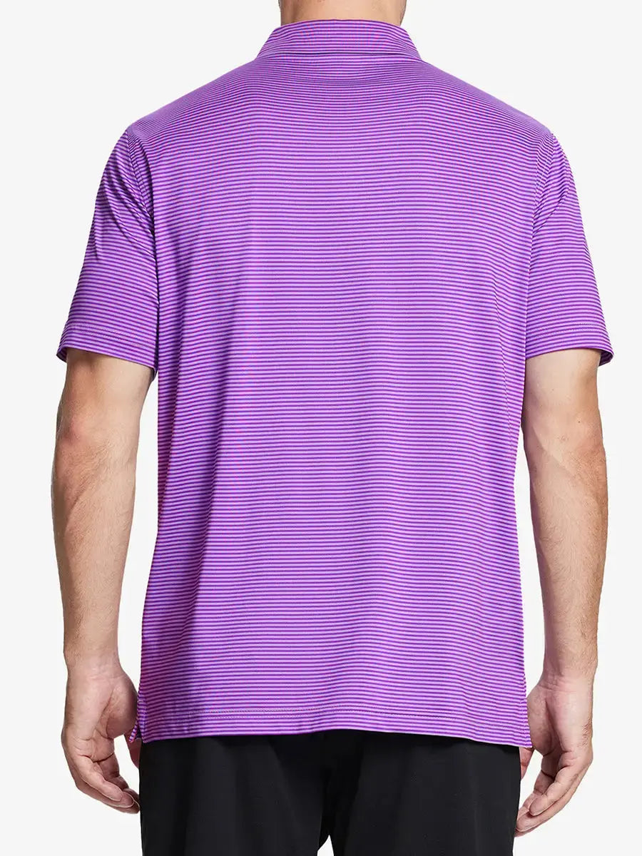 Rear half-body shot of Cooling Stripe Golf Shirt in LILAC STRIPE, showcasing stripe alignment and fit
