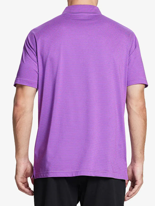 Rear half-body shot of Cooling Stripe Golf Shirt in LILAC STRIPE, showcasing stripe alignment and fit