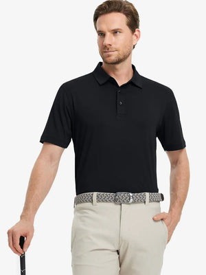 Model sports Everyday Solid Jersey Polo in BLACK, front view with golf club in hand, ready to swing.