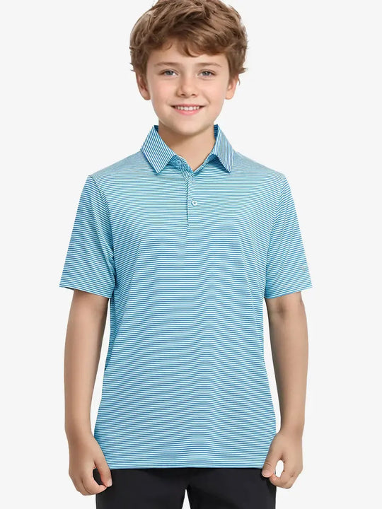 MAELREG Youth Polo – half-body front view, neutral pose in Sky Blue Stripe