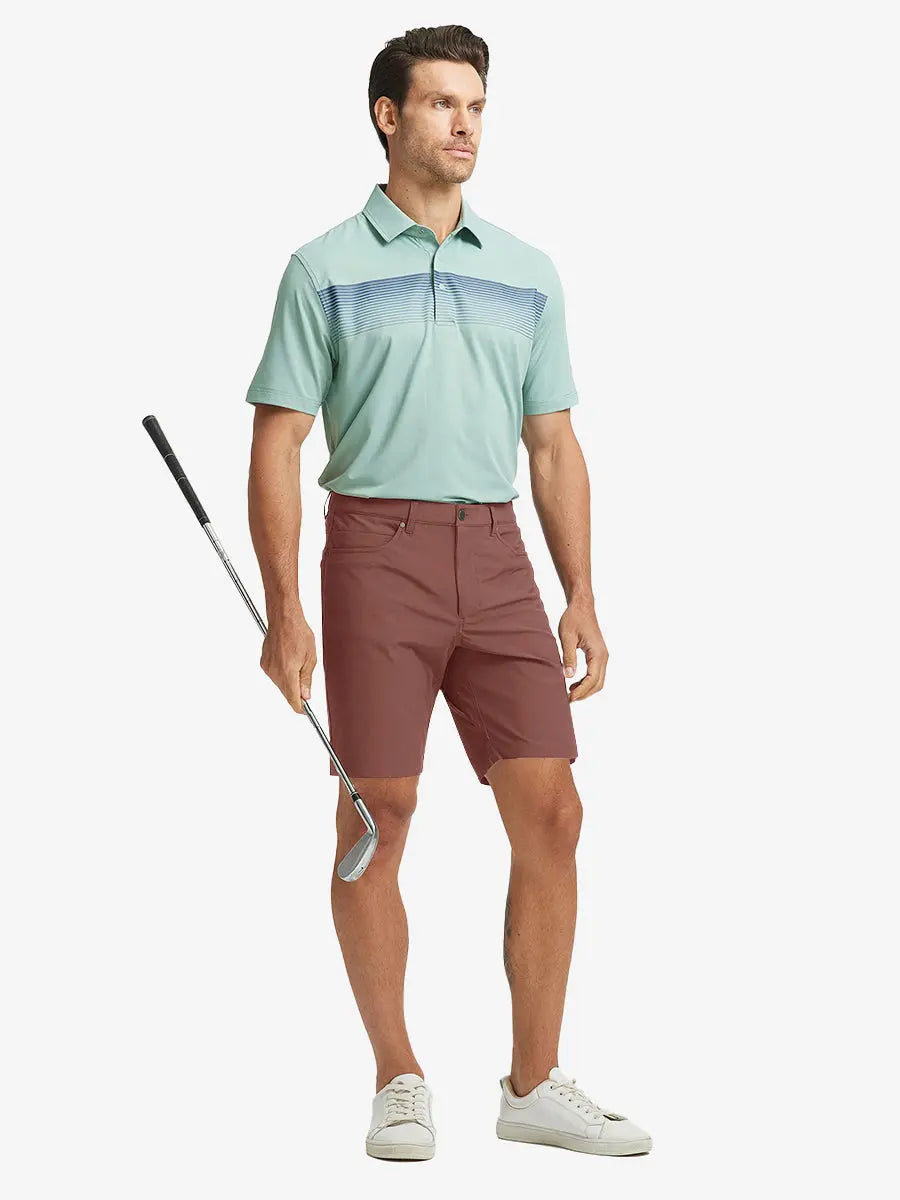 CRANBERRY 4-way Stretch Performance Solid Shorts, golfer full-body front with club, 9 Inch length