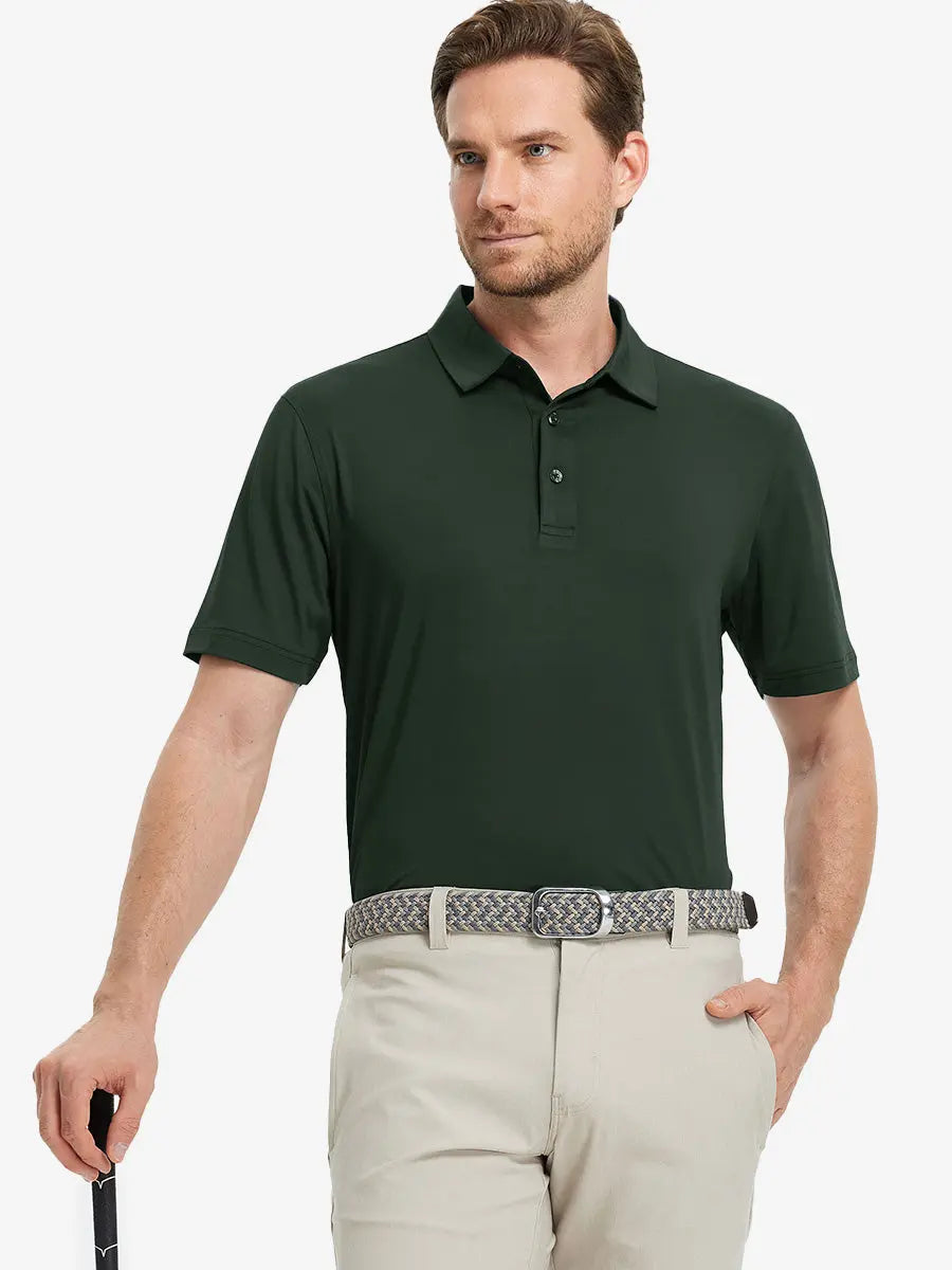Model wearing Everyday Solid Jersey Polo in OLIVE GREEN, front half-body holding golf club.