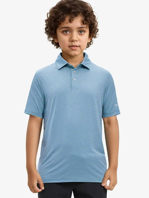 MAELREG Youth Polo – half-body front view, neutral pose in Green Ash Stripe