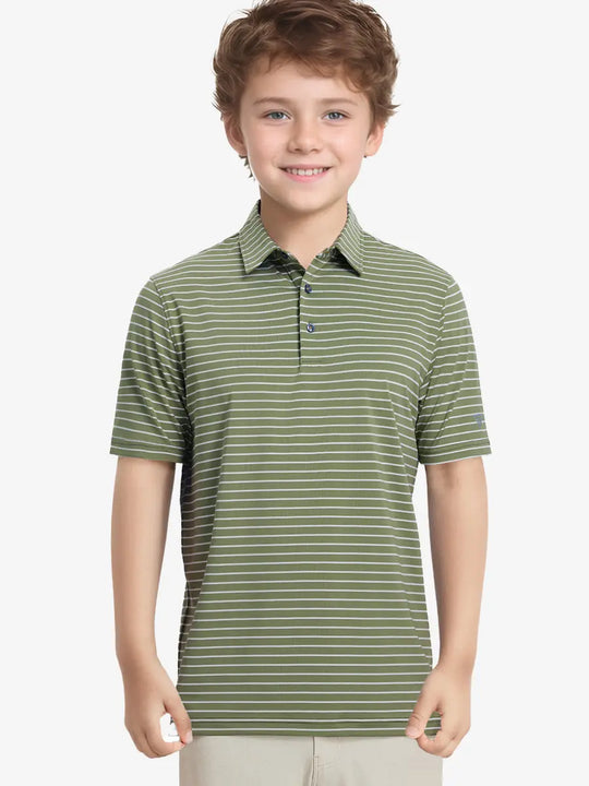 Half-body front view of model in LIGHT GREEN/WHITE STRIPE Youth Performance Golf Polo.