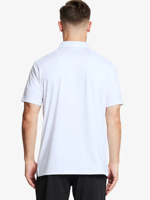 Back half-body view of male model wearing the White Everyday Classic Solid Polo