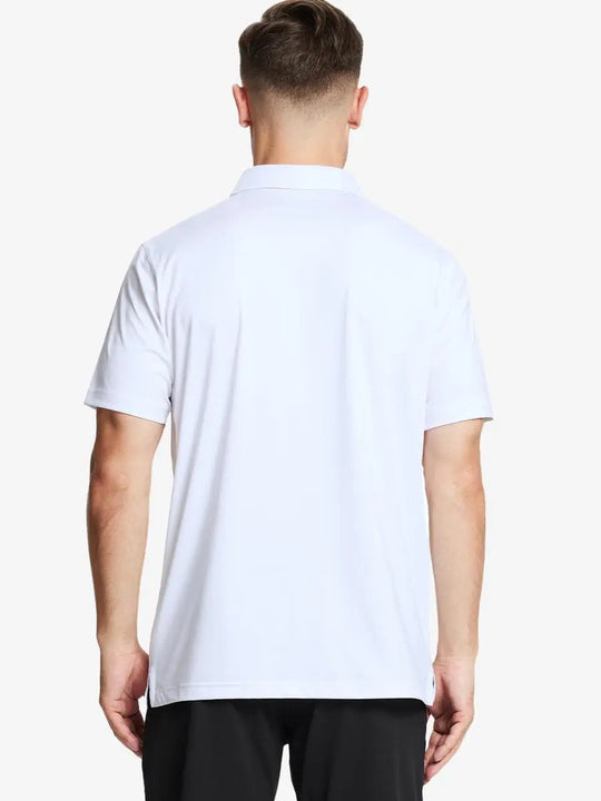 Back half-body view of male model wearing the White Everyday Classic Solid Polo