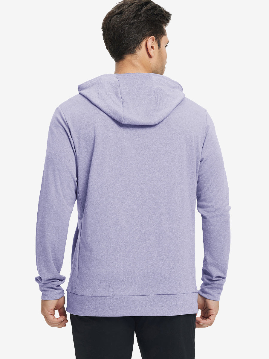 Back upper body view of the light purple melange classic heather hoodie, model turns head slightly with ease.