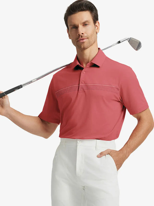 Half-body front view of model holding golf club wearing CRANBERRY Stylish Chest Print Snap Polo