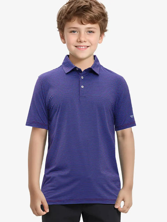 MAELREG Youth Polo – half-body front view, neutral pose in Plum Blue Stripe
