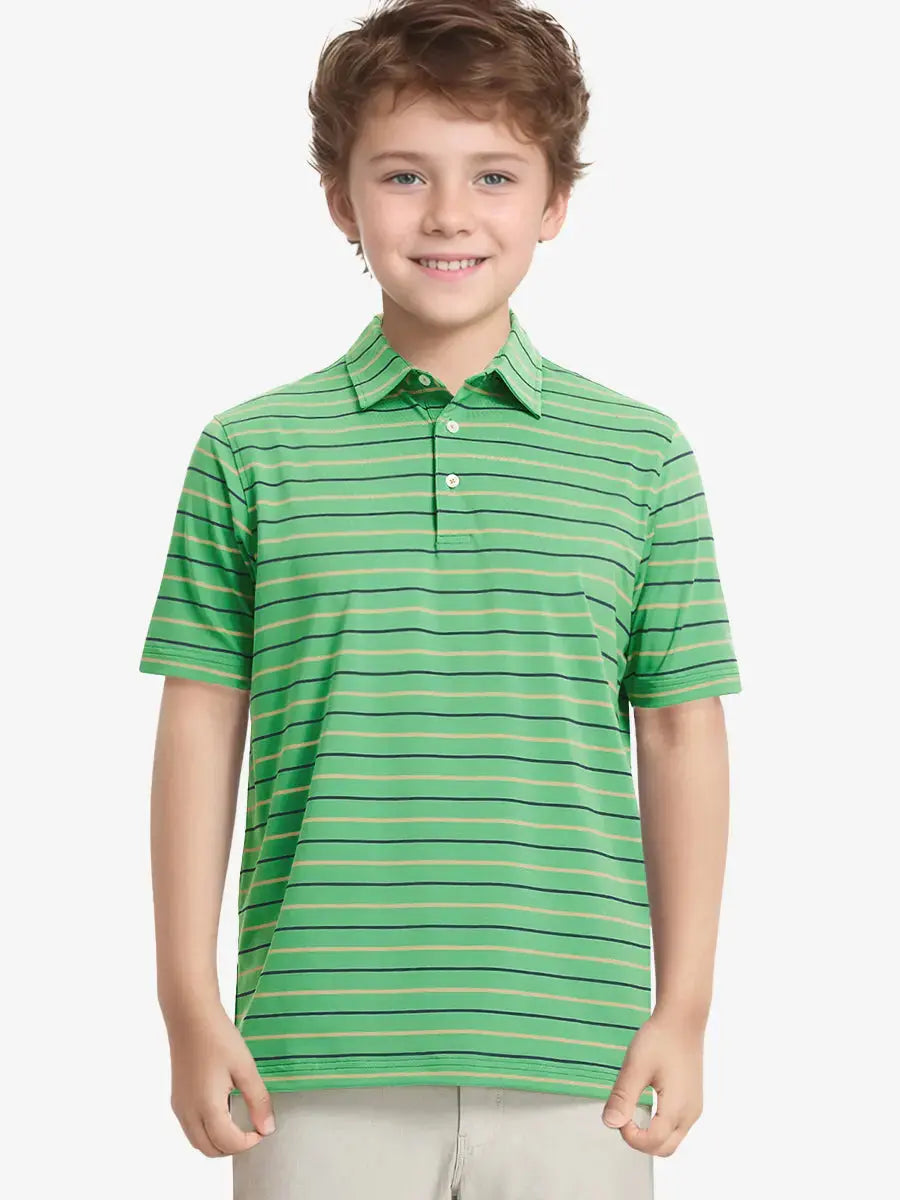 Half-body front view of child in GREEN STRIPE Kids Stylish Stripe Polo Shirt.