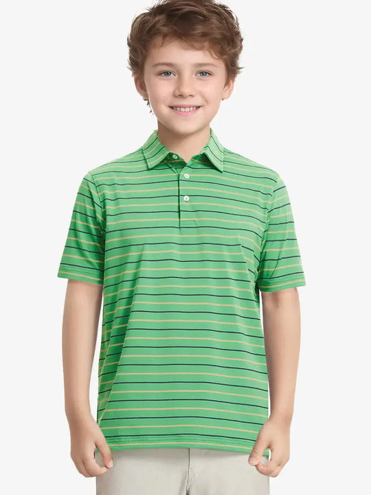 Half-body front view of child in GREEN STRIPE Kids Stylish Stripe Polo Shirt.