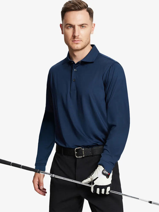 Model in NAVY Long Sleeve Solid Jersey Polo holding golf club with confident front pose